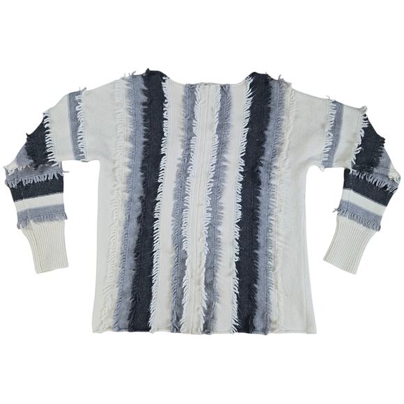 Vince Camuto White Gray Striped Frayed Fringe Crewneck Midweight Sweater Size XS - Picture 1 of 5